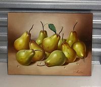 Full view of the oil painting depicting nine yellow pears with a brown background, showing realistic detail and water droplets.