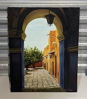 Front view of the vintage canvas painting showing the courtyard scene with archway and lantern