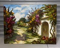 Full view of vintage signed landscape painting showing path, vegetation, and white building.