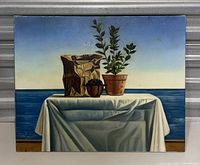 Front view of the vintage signed painting on canvas showing a still life with a paper bag, potted plant, and bowl of berries with ocean background.