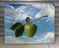Full front view of the painting showing green fruit and sky background.