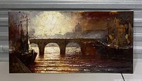 Full view of the canvas painting showing the sunset/sunrise scene with bridge and boats