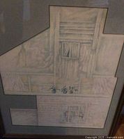 Photo of signed pastel and pencil print of stylized brick house with plants, mat cutout shaped to house