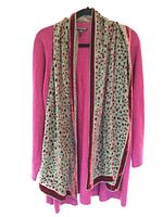 Magenta merino wool tunic sweater layered with silk and velvet complimentary scarf
