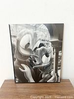 Black and white picture of two cartoon ducks in a romantic pose, showing the front view with frame damage.