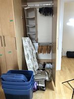 Full view of closet area with assorted hangers, fabric hanging organizer, folded storage bags, and stacked Rubbermaid bins.
