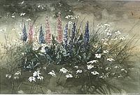 Close-up of watercolour painting showing lupine and daisy flowers in muted natural colors.