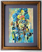 Front-facing photo of the artwork fully framed and matted, showing the vibrant colors and ornate frame detail.