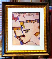 Full-frontal view of framed lithograph showing image, mat, and wood frame with gold accents