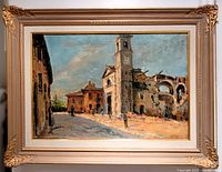 Full view of framed oil painting showing street scene, clock tower, figures and buildings under a partly cloudy sky