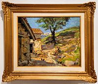Full view of framed oil painting showing scene of stone cottage, tree, figure and hills.