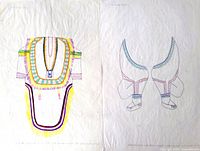 Two original Inuit drawings displayed together: a decorated traditional outfit and matching pants, both on vellum paper with marker.
