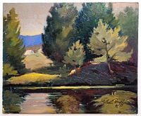 Unframed board showing oil painting landscape and signature lower right