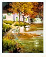 Close-up of the painting showing the lakeside landscape scene with autumn trees, white house, water reflections, and signature.