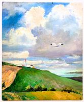 Close-up of the oil painting showing the landscape with a lighthouse, green hill, cloudy sky, and two flying seagulls, signed lower right by G. Provost.