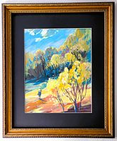 Full view of framed impressionist acrylic painting depicting landscape with yellow foliage and figure walking, signed lower right.