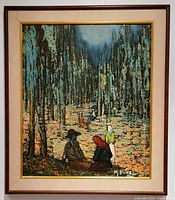 Full front view of framed oil painting hanging on wall