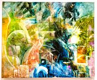 Full view of the abstract oil on canvas painting showing dynamic bold colours and composition.