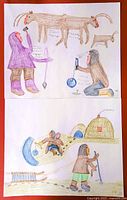 Photo showing both drawings stacked vertically on a red background illustrating traditional Inuit scenes with figures and animals in pencil crayon.