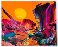 Full front view of the colorful abstract oil painting on board with bright orange background, yellow circular shape, and multicolored swirls.