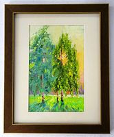 Front view of framed impressionist oil painting depicting birch trees in colorful landscape under glass.
