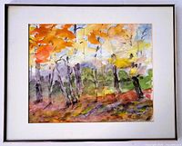 Frontal photo of framed watercolor painting with mat, depicting abstract forest and trees with orange, red, green, and blue tones. Signed lower right.