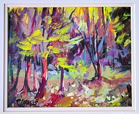 Frontal view of oil on paper painting showcasing abstract forest scene signed lower left