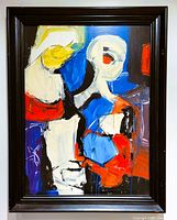 Frontal image of original abstract oil painting in vintage wood frame by Regina Gudelis, showing full artwork and signature lower right.