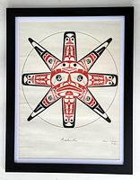 Frontal view of framed serigraph print showing black frame and white mat surround