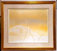 Framed oil on canvas painting by Roland Pichet showing full artwork and vintage golden wood frame with fabric matt.