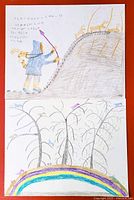 Photo showing both drawings together laid out on a red surface, with visible pencil crayon colors and Inuit syllabics on the hunting scene drawing.