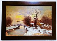 Full view of vintage oil painting in dark wood frame showing snow-covered landscape with houses, bridge, bare trees, and orange-clad figure.