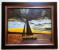 Frontal view of the oil painting in its vintage frame