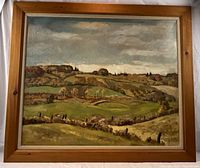 Front view of framed oil on canvas landscape painting