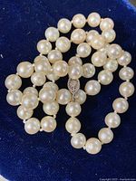 Close-up of coiled pearl necklace on dark blue velvet background showing clasp detail