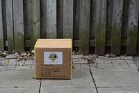 Closed cardboard box featuring label with globe illustration and shipping details. Box taped and placed on stone patio against wooden fence.