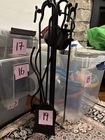 Fireplace tool set with stand, shovel, poker, tongs, brush and a hanging metal teapot