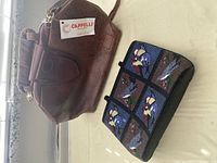 Photo showing brown leather Cappelli purse with embossed pattern and front pocket, and fully beaded multicolored purse with patterned beadwork beside it