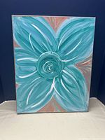 Front view of the aqua and beige flower oil painting showing the entire artwork on a 16x20 canvas.