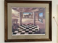 Framed signed print by Carl Danbrook showing the full artwork with surreal horse racing theme and columns with a checkered floor.