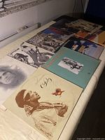 Photo shows 11 vintage vinyl records spread out, including Jimi Hendrix, Fleetwood Mac, and others.