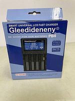 Front of box showing product name, image, and key features like LCD display and fast charging.