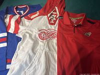 Photo showing three apparel items: white/red hoodie, blue/red jersey, red golf shirt.