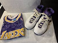 Nike Elite basketball shoes and folded Lakers NBA shirt laid on white surface.