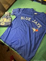 Blue Toronto Maple Leafs beanie with pom-pom and adult extra-large blue Blue Jays baseball jersey laid out on a surface.