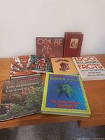 Photo of all nine assorted books grouped on a table, showing a variety of titles including Grimm's Fairy Tales, Ripley's Believe It or Not, Gardening and fact books