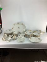 Full set view showing arrangement of plates, bowls, serving pieces on white background
