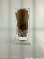 Front view of the signed pointe shoe inside a clear plastic display case showing signature on the toe and bow tie detail.