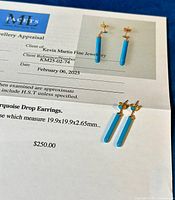 Official appraisal certificate from Facets Gem Services Inc. showing pair of turquoise drop earrings and appraisal details