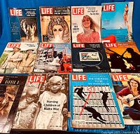 Full view of 12 vintage LIFE magazines showing covers with historical and cultural themes from the 1960s and 1970s.